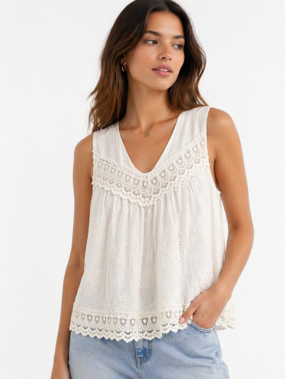 Miss Me Lace Eyelet Boho Tank. T White Size Small Quiet Luxury Cottagecore Blous